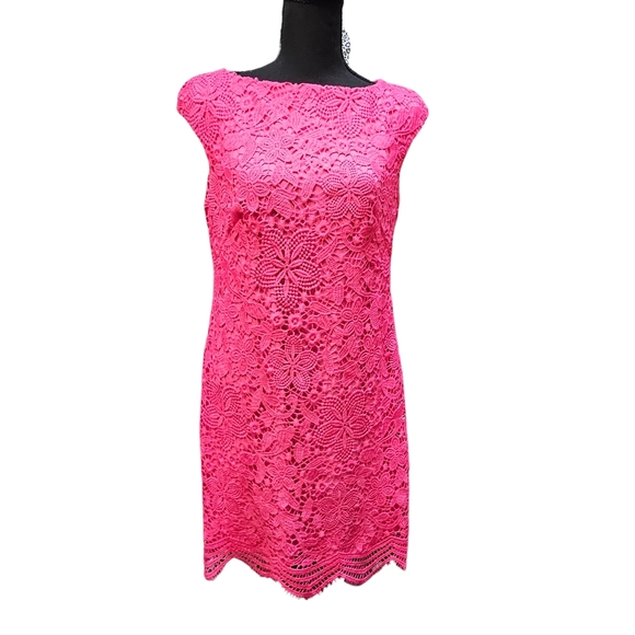 Anne Klein Vibrant Pink Crochet Floral Lace Mini Dress Size 8 - Picture 1 of 5